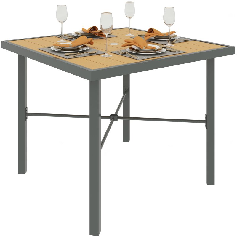 Outsunny Garden Table for 4, 90 cm Rectangular Outdoor Dining Table with 4.2 cm Umbrella Hole, Wood Effect Top, Rust Resistant Frame, for Patio, Balcony, Terrace, Natural Wood Finish