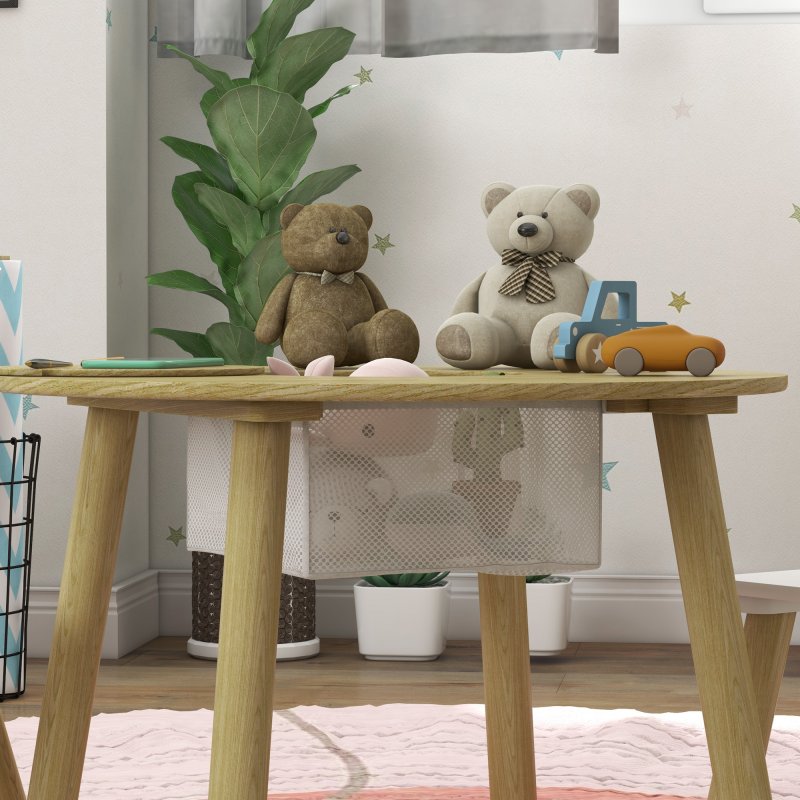 AIYAPLAY 3 Pieces Toddler Table and Chair Set with Centre Mesh Bag, Kids Activity Table Set with Bear Shaped Backrest, for Arts, Crafts Reading Dining, Aged 3-6 Years