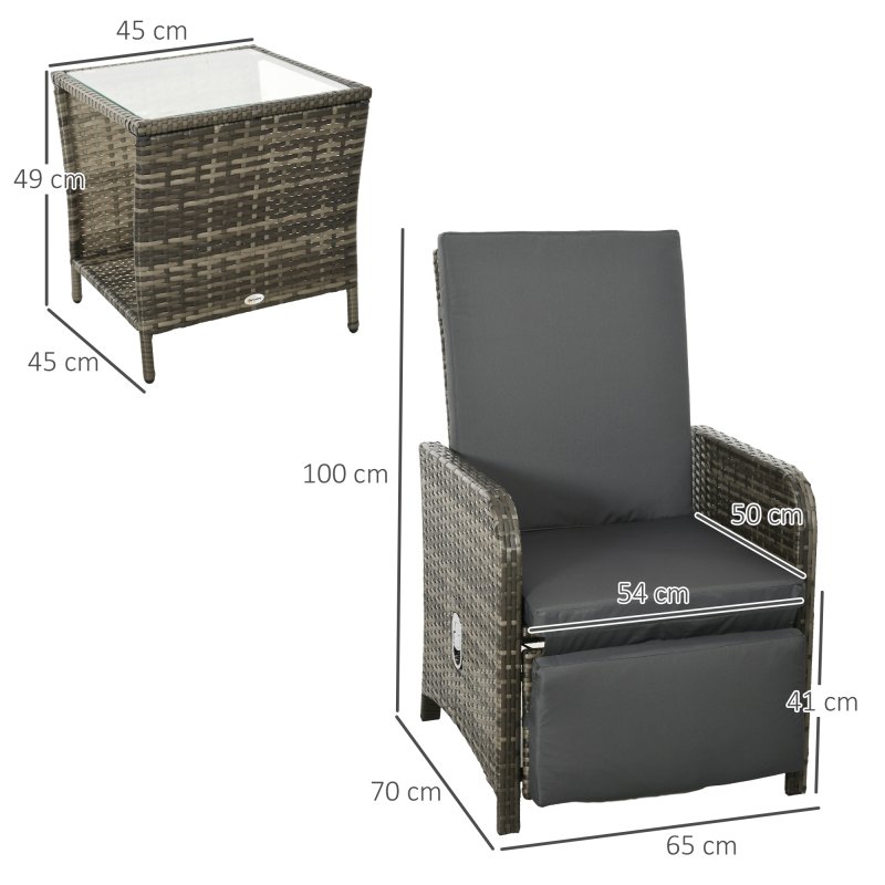 Outsunny 3 Pieces Garden Rattan Bistro Set with Adjustable Backrest, Balcony Conversation Furniture Set with 2 Armchairs Tempered Glass Coffee Table, Cushions, Storage Function - Mix-Grey