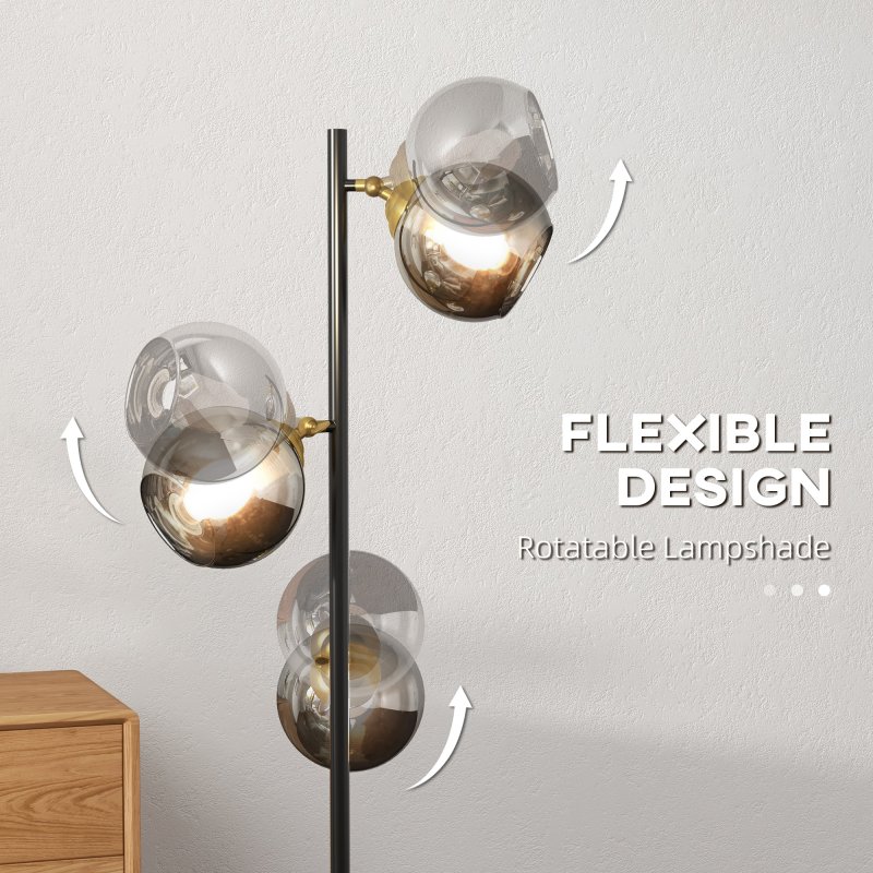 HOMCOM 3-Light Floor Lamp for Living Room with Glass Global Lampshade, Modern Standing Lamp for Bedroom, Bulb not Included, Grey