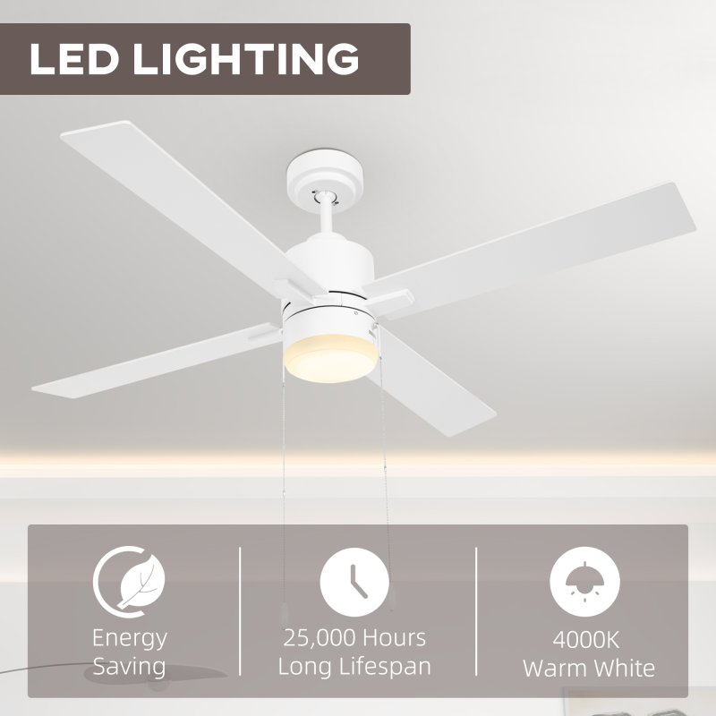 HOMCOM Ceiling Fan with Light, 130cm Flush Mount LED Ceiling Fan Light with 4 Reversible Blades, Pull-chain Switch, for Bedroom Living Room, White and Natural Tone