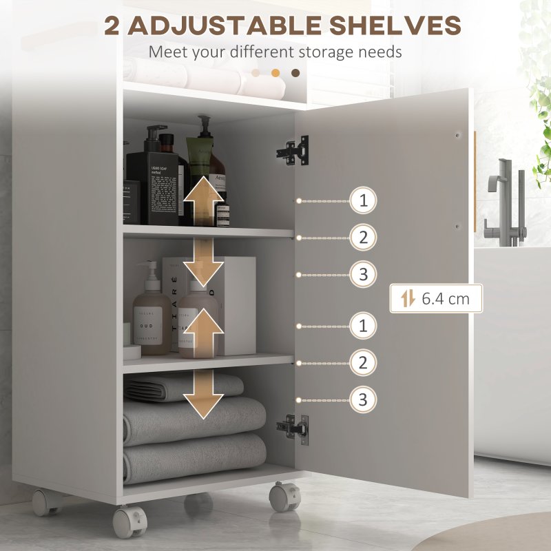 kleankin Bathroom Cabinet with Wheels, Bathroom Storage Cabinet with Cushioned Door, Removable Tray, Open Compartment and Adjustable Shelves for Washroom, White