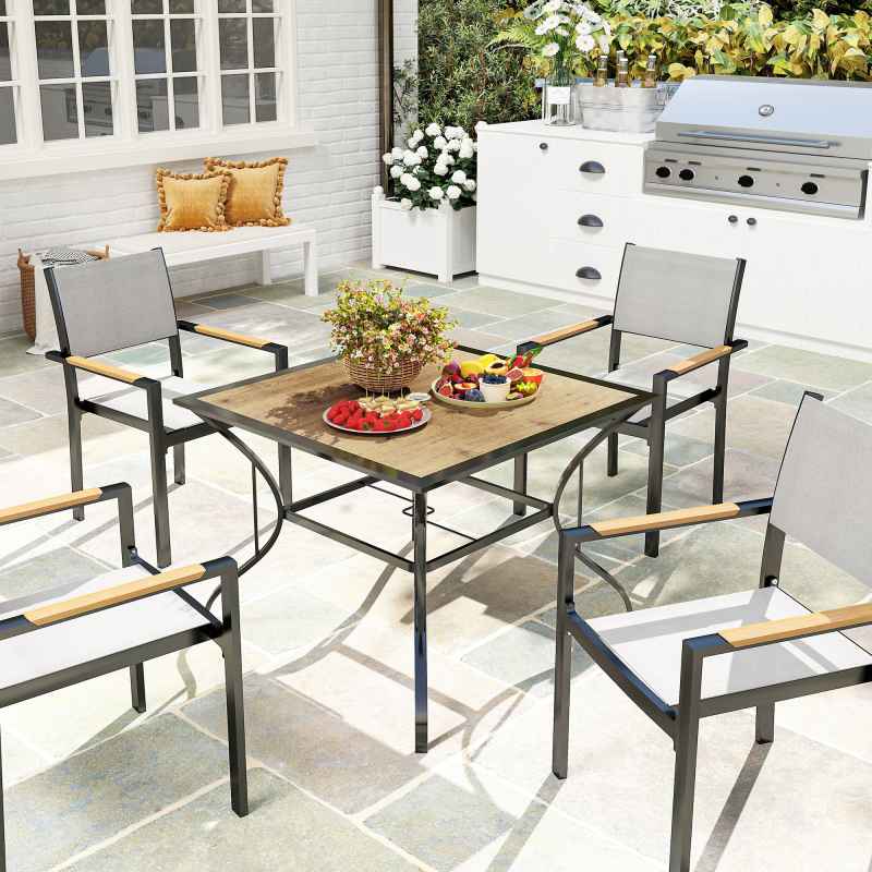 Outsunny 94 x 94 cm Garden Table with Parasol Hole, Outdoor Dining Table for 4, Square Patio Table with Stone-Grain Effect PC Board Top for Patio, Garden, Brown