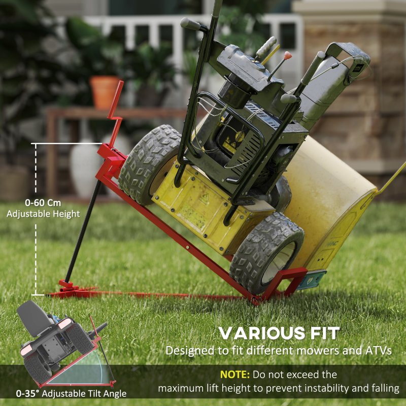 HOMCOM Folding Ride On Lawn Mower Jack Lift, 400 kg Adjustable Steel Lifting Device, Telescopic Maintenance Jack Lifter for Lawnmowers, ATVs, Red