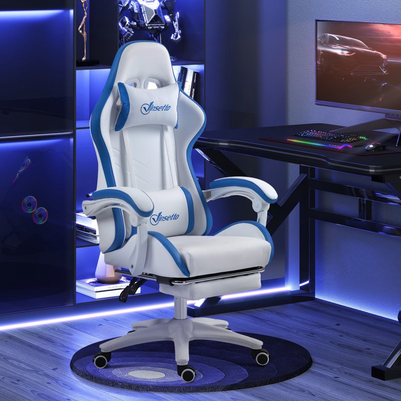 Vinsetto Computer Gaming Chair, PU Leather Office Desk Chair with Footrest, Swivel Wheels, 135?? Reclining Back, Lumbar Support, Headrest for Home, White and Blue