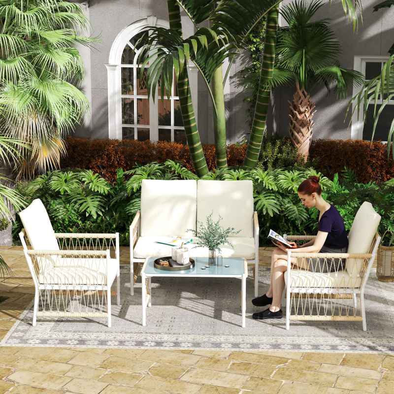 Outsunny 4 Piece Rattan Garden Furniture Set, 4 Seater Wicker Patio Conversation Set with 2 Armchairs, Loveseat, Glass Top Coffee Table and Cushions for Outdoor, Balcony, Khaki