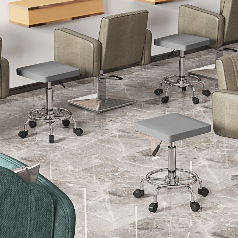 HOMCOM Square Rolling Stool, Height Adjustable PU Leather Salon Chair with Padded Seat and Foot Rest, Swivel Beauty Stool on Wheels for Spa Drafting Salon Tattoo Work Massage, Grey