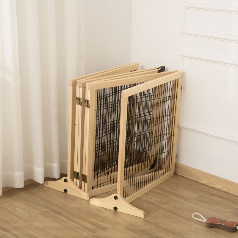 PawHut Freestanding Pet Gate, 6 Panel Foldable Playpen, Wooden Dog Gate with 2 Support Feet, for Stairs, Doorway - Natural Tone