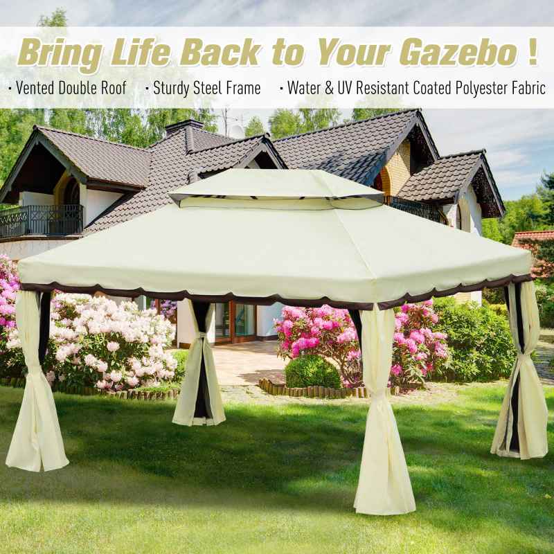 Outsunny 4 x 3 m Aluminum Garden Gazebo, Double Roof Outdoor Gazebo Canopy Shelter with Netting & Curtains for Garden, Lawn, Backyard and Deck, Cream