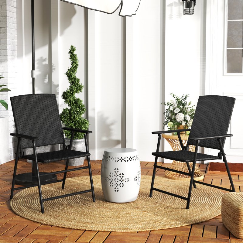 Outsunny Folding Garden Chairs Set of 2, PE Rattan Garden Dining Chairs with Armrests, High Back and Steel Frame, Weather Resistant Outdoor Dining Furniture for Patio, Balcony, Black