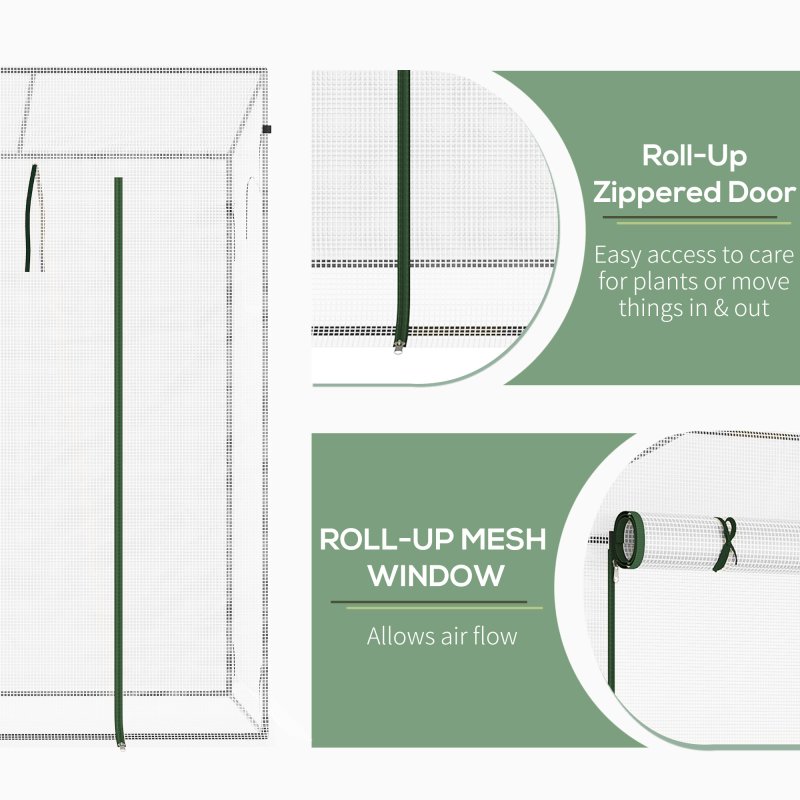 Outsunny Tomato Greenhouse Walk-in Garden Greenhouse with Pent Roof, Roll-up Door, Mesh Window for Plants Flowers Herbs Grow, 200 x 76 x 168 cm, White