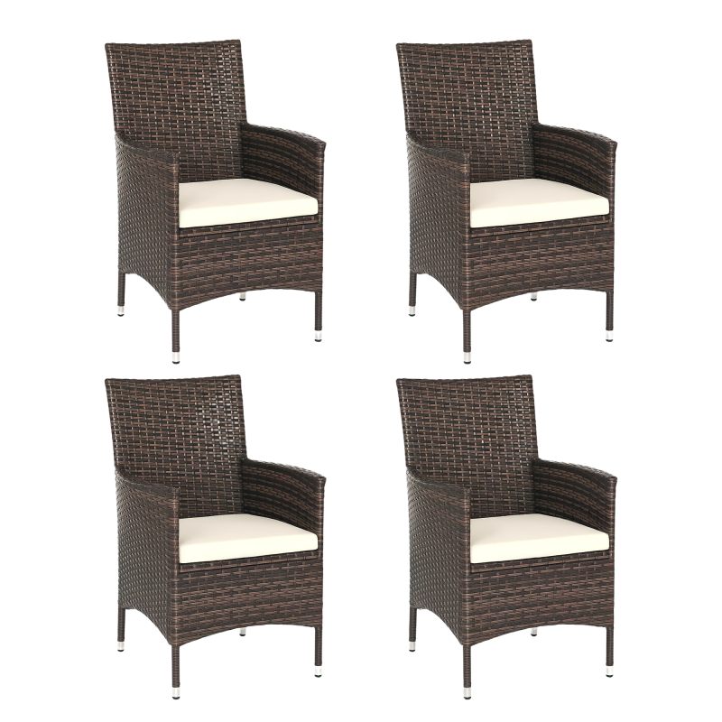 Outsunny 4 Pieces Outdoor PE Rattan Dining Chairs Set with Cushion, Garden Armchair with Armrests, High Backrest, Metal Frame Patio Wicker Furniture, Mixed Brown