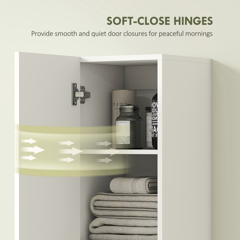 HOMCOM 300 x 1610 mm Wall Mounted Tall Bathroom Cabinet with Soft-Close Hinges, Slim Bathroom Storage Cabinet with 2 Doors, Modern Narrow Storage Cupboard, White