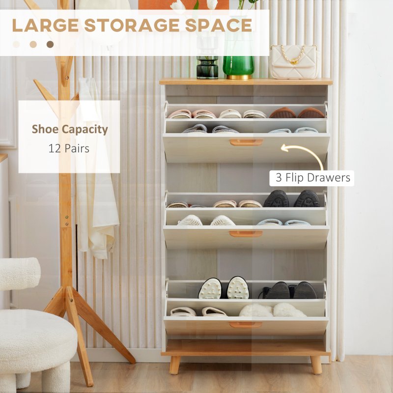 HOMCOM Narrow Shoe Cabinet, Slim Shoe Storage Cabinet with 3 Flip Drawers and Adjustable Shelves, 12 Pair of Shoes Organizer for Hallway, Entryway