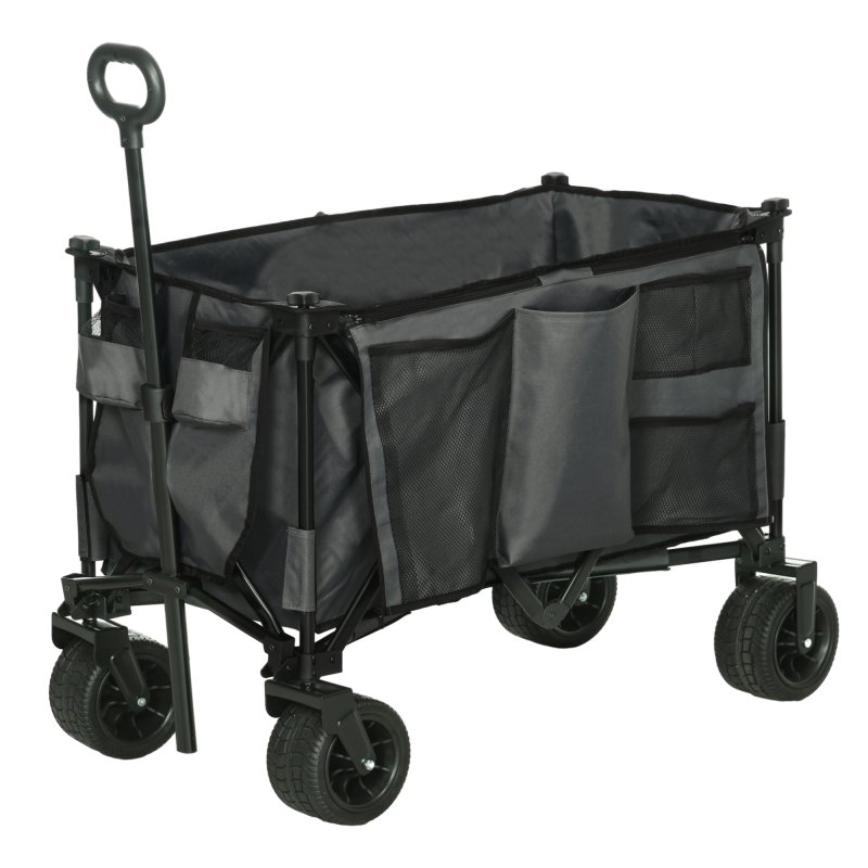 Outsunny Folding Garden Trolley, Cargo Traile on Wheels, Collapsible Camping Trolley, Outdoor Utility Wagon with Steel Frame and Oxford Fabric, Dark Grey