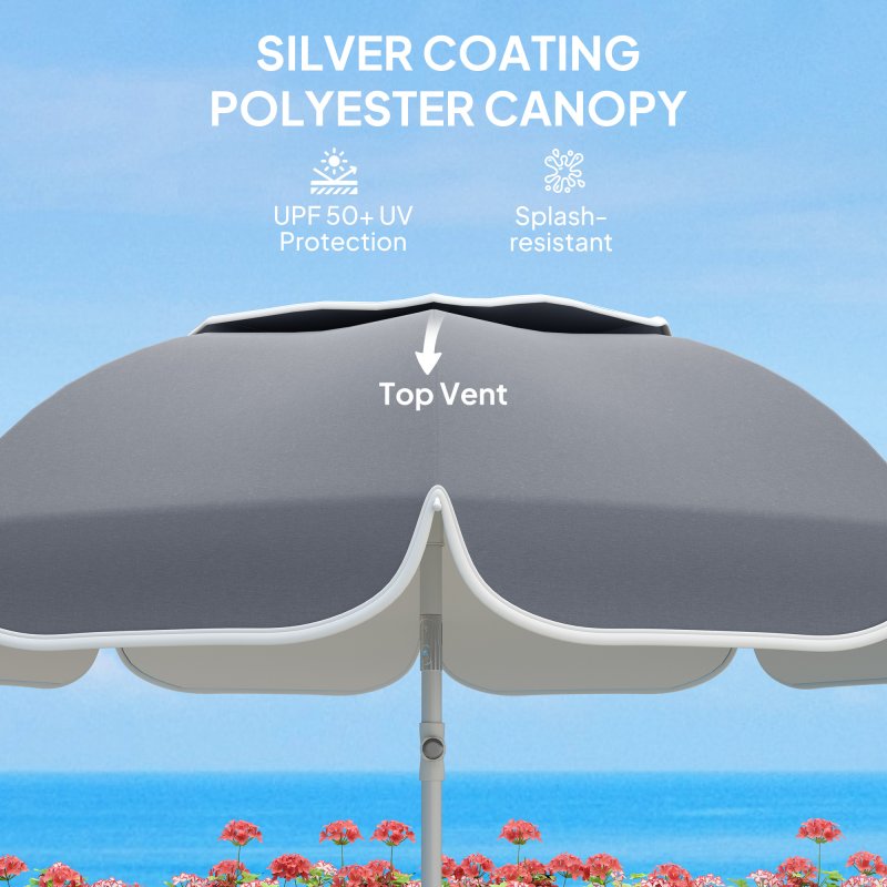 Outsunny 2m Beach Umbrella Portable with Sand Anchor, Adjustable Height & Tilt Beach Parasol with Carry Bag, UPF50+ UV Protection Sunshade Shelter, Grey