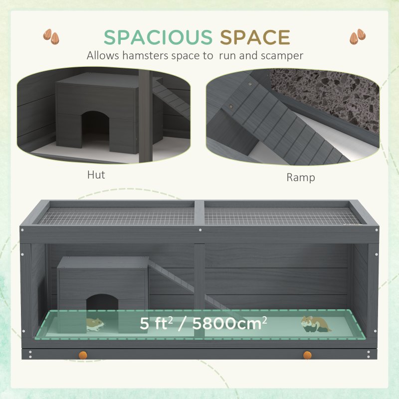 PawHut Wooden Hamster Cage, Small Animal Cage with Sliding Tray, Openable Top, Hut, Exercise Play House for Syrian Hamsters, Grey
