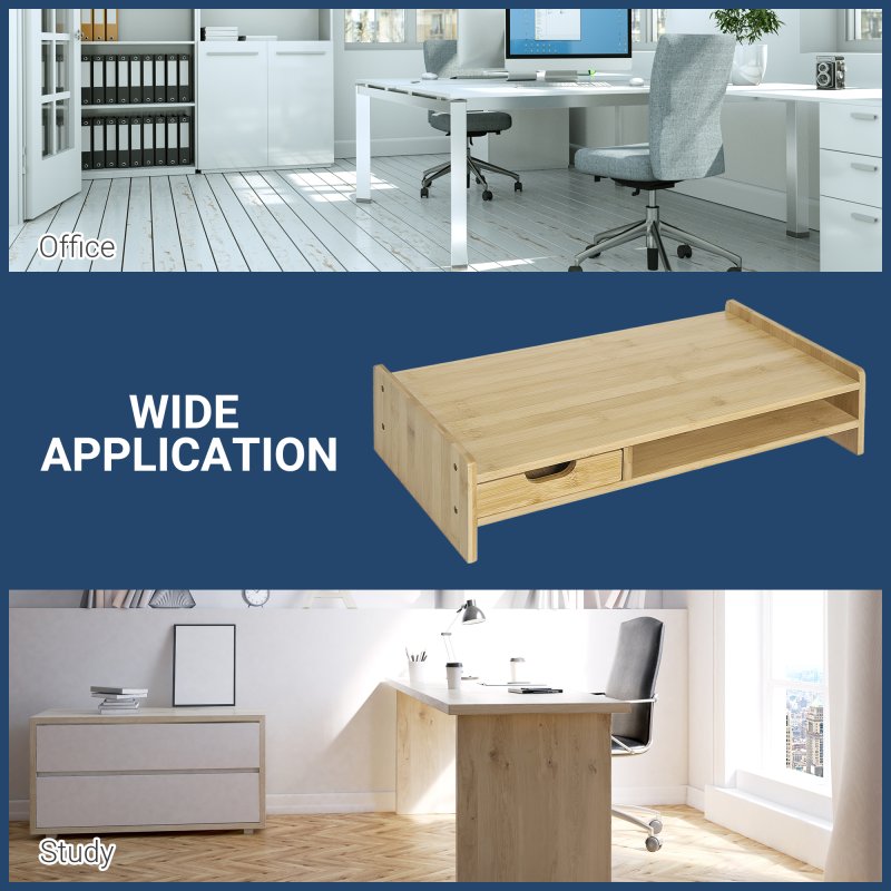 HOMCOM Monitor Riser Laptop PC Plinth Stand TV Computer Desktop Organiser W/ Drawer Bamboo