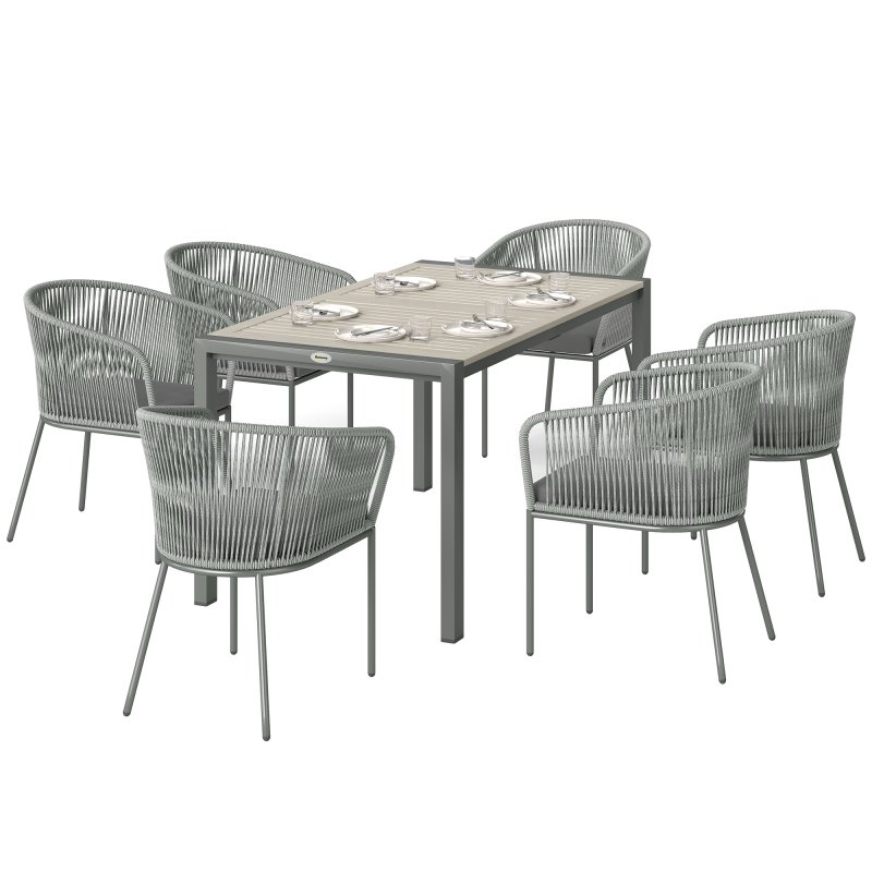 Outsunny Rattan Dining Set, 6 Seater Rattan Garden Furniture Set with Acacia Wood Top Rectangle Table, 6 Chairs, Washable Seat Cushions, for Outdoor, Patio, Conservatory, Grey