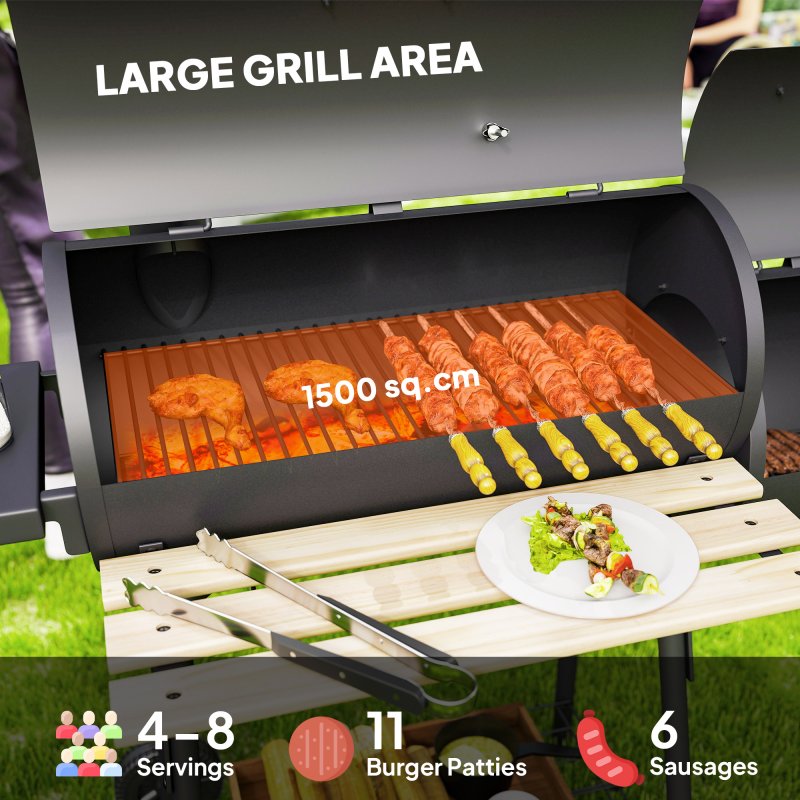 Outsunny Charcoal Barbecue Grill with Offset Smoker, Barrel BBQ Trolley with 3 Storage Shelves & Thermometer for Outdoor Garden Camping Picnic Cooking, Black