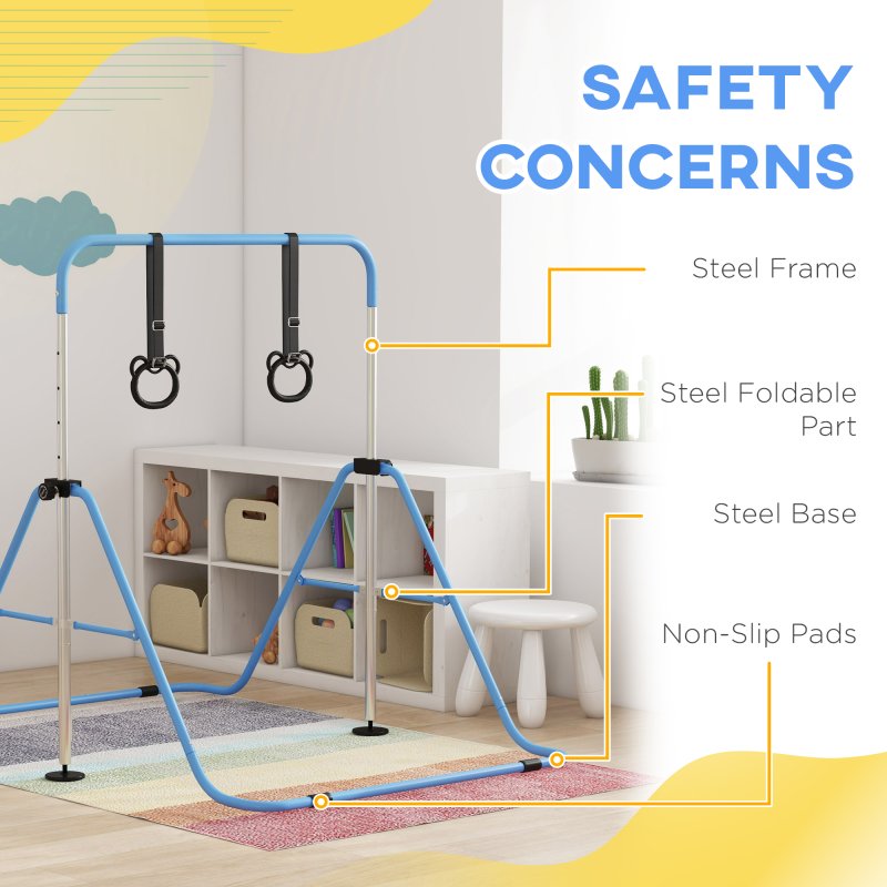 HOMCOM Kids Gymnastics Bar, Horizontal Bar for Kids, Adjustable Height Folding Gymnastics Equipment with Gymnastic Rings, Non-slip Rubber Floor Rings, for Home, Flat, Blue