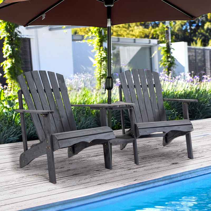 Outsunny Wooden Outdoor Double Adirondack Chairs Loveseat w/ Centre Table and Umbrella Hole, Garden Patio Furniture for Lounging and Relaxing, Dark Grey