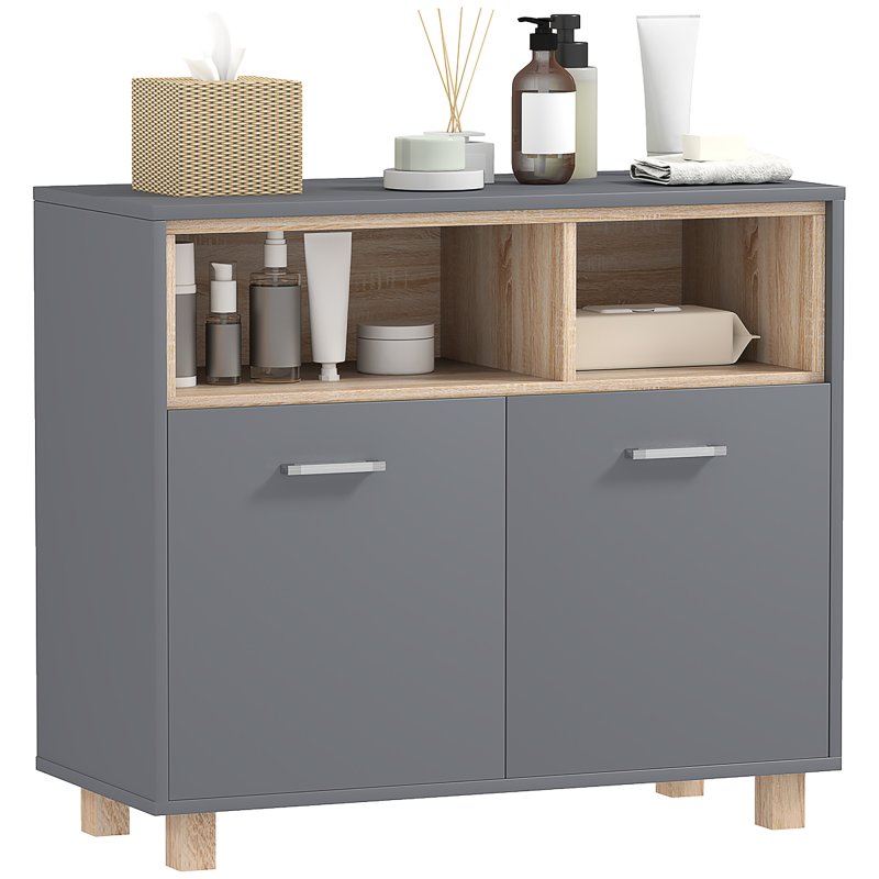 HOMCOM Bathroom Cabinet, Bathroom Storage Unit, Bathroom Storage Cabinet with Open Compartments and Double Doors
