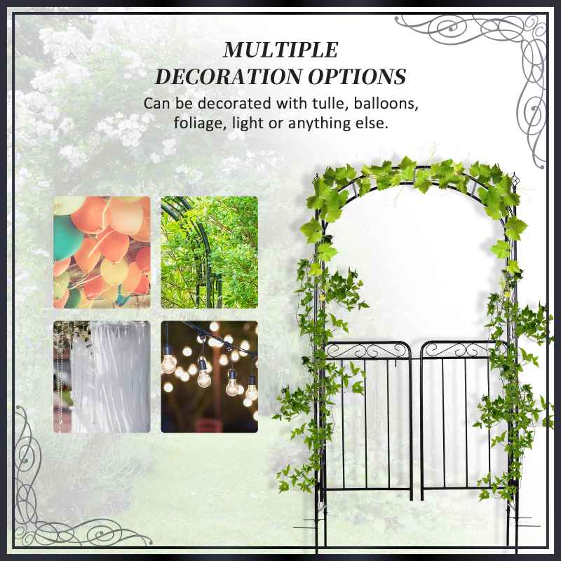 Outsunny Garden Decorative Metal Arch with Gate Outdoor Patio Trellis Arbor for Climbing Plant Archway Antique Black - 108L x 45W x 215Hcm