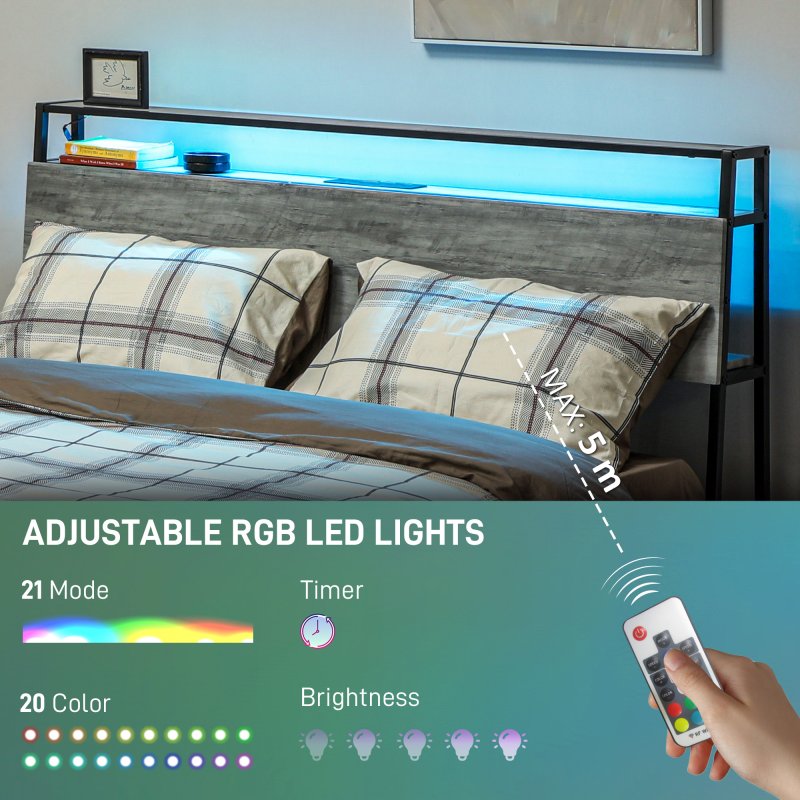 HOMCOM 5ft King Size Bed Frame with LED Lights and Charging Station, Platform Bed Frame with Storage Headboard, Steel Slat Support, No Box Spring Needed, Easy Assembly, Cement Grey
