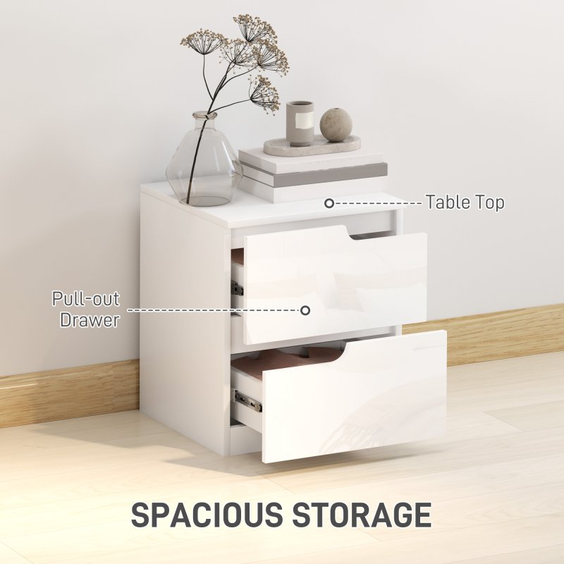 HOMCOM Bedside Table, Bedside Cabinet with 2 Drawers, Modern Side Table with Storage for Bedroom, Living Room, High Gloss White