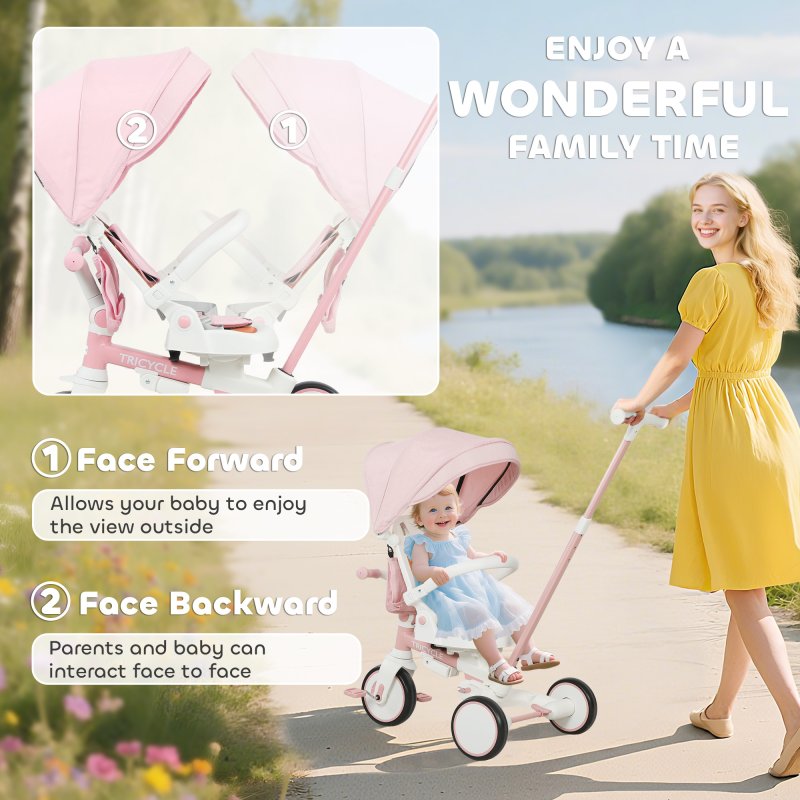 AIYAPLAY Kids Trike, Foldable Toddler Tricycle 5 in 1 with Adjustable Parent Handle & Removable Canopy, 5-point Safety Harness, Footrest, Storage Bag, for Ages 1-3 Years, Pink