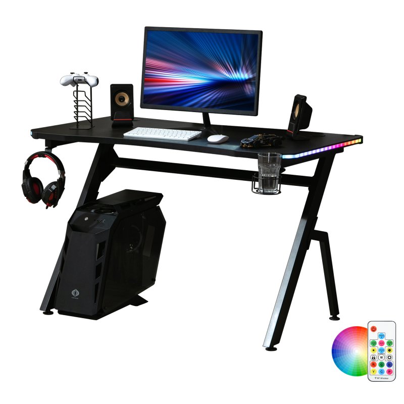 HOMCOM RGB 120 x 66cm Gaming Desk, Computer Table with Carbon Fibre Surface, Headphone Hook, Cup Holder, Controller Rack, Home Office Desk