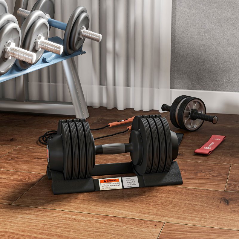 SPORTNOW 24KG Single Adjustable Dumbbell, 4-in-1 Weights with Storage Tray and Non-Slip Handle, Home Gym Fitness Equipment, Black