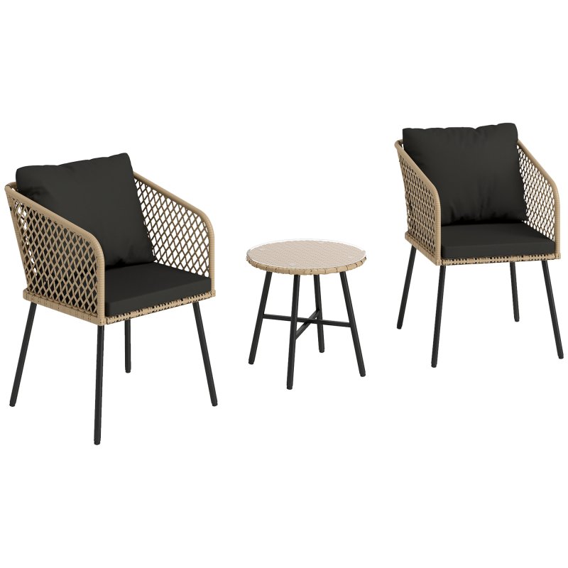 Outsunny 3 Piece Rattan Bistro Set, Patio Wicker Conversation Furniture Set with 2 Chairs, Tempered Glass Table, Cushions, Adjustable Foot Pads, for Garden, Balcony, Nature Wood Finish
