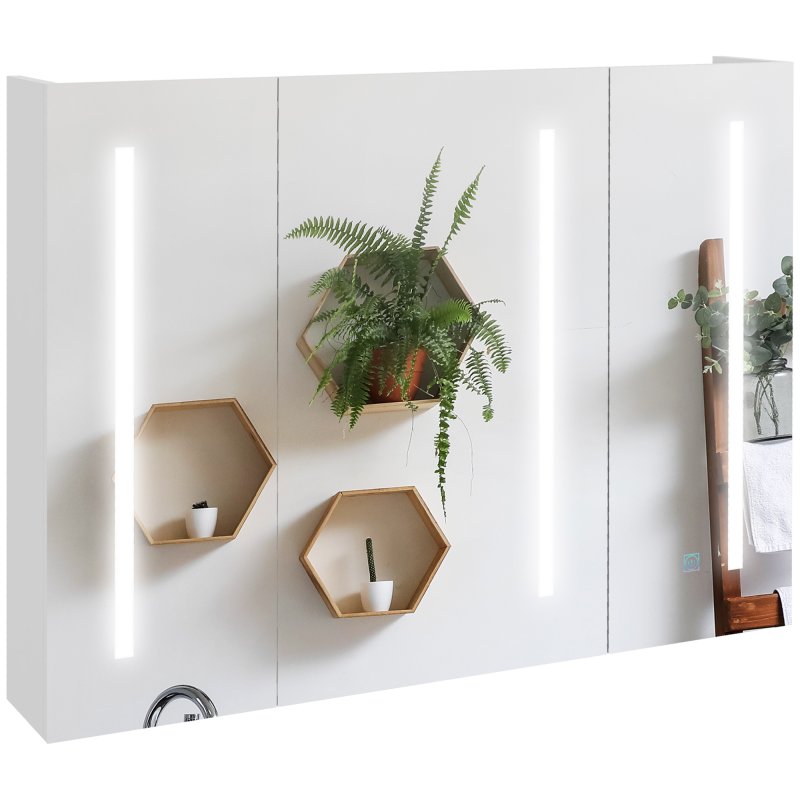 kleankin LED Lighted Bathroom Mirror Cabinet, Wall Mounted Bathroom Storage Cupboard with USB Charge, Adjustable Shelf, 90W x 15D x 70Hcm, High Gloss White