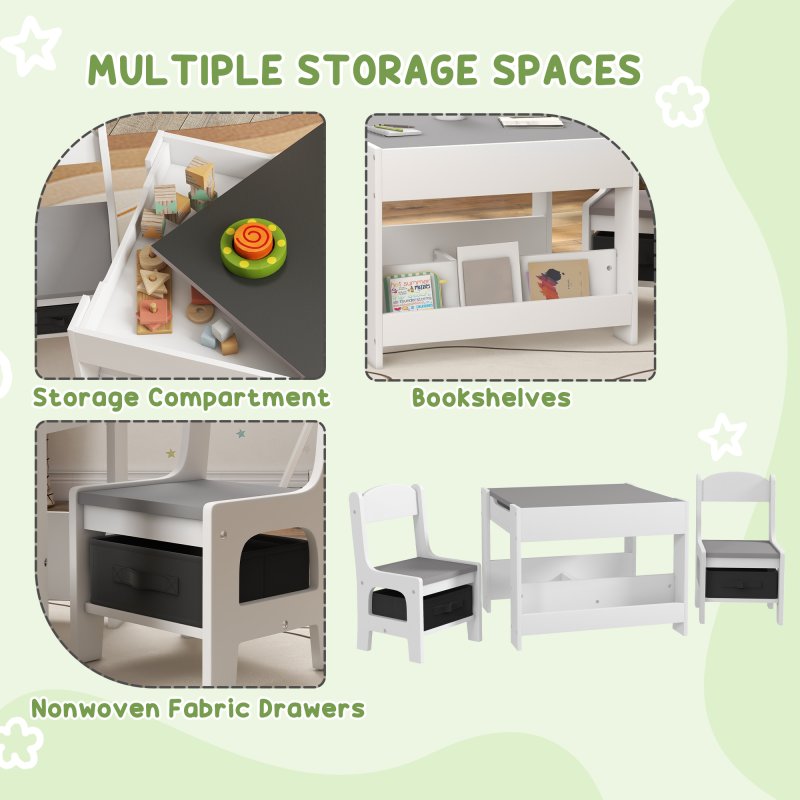 HOMCOM 3 Piece Kids Table and Chair Set, 3 in 1 Design Kids Desk and Chair Set with Blackboard, Storage, Bookshelves, for Nursery, Playroom, Classroom - Grey