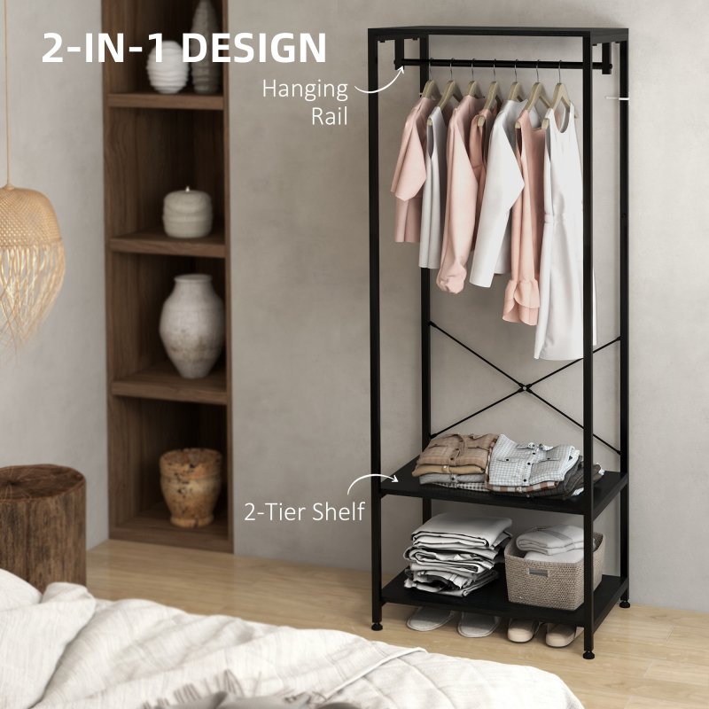 HOMCOM Coat Rack, 2-in-1 Clothes Stand with Shoe Storage, 168cm Free Standing Hall Tree with Hanging Rail and 2 Storage Shelves for Hallway, Entryway, Bedroom
