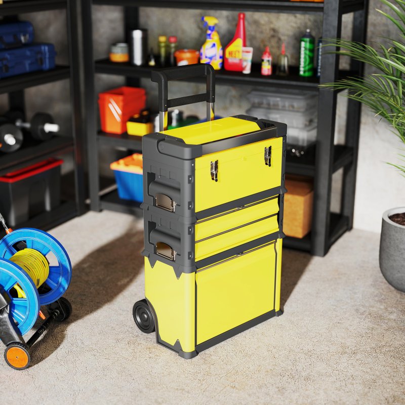 HOMCOM 3-in-1 Rolling Tool Box, Stackable, Modular Powder Coated Steel Toolbox with Tray, Handles, Latches, Wheels, Heavy Duty Tool Storage System for Workshop, Garage, 520mm x 320mm x 720mm, Yellow