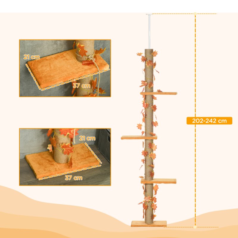PawHut 242cm Floor to Ceiling Cat Tree for Indoor Cats with Leaves, Height Adjustable Cat Climbing Tower with Scratching Post, Anti-Slip Kit - Orange