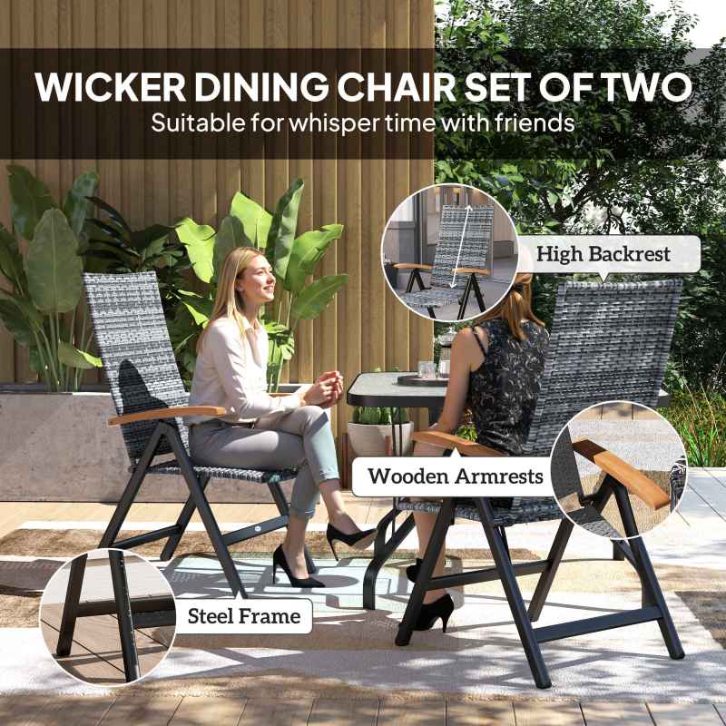 Outsunny 2 Pieces Outdoor Folding Dining Chair, PE Rattan Chair with Armrests, High Backrest, for Garden, Camping, Balcony, Porch, Light Grey