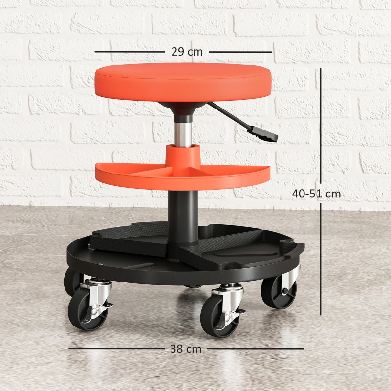 HOMCOM Rolling Mechanic Stool, 135kg Capacity Workshop Stool, 360?? Swivel Roller Padded Creeper Seat with Wheels, Tool Trays Storage for Garage, Shop, Auto Repair, Yellow