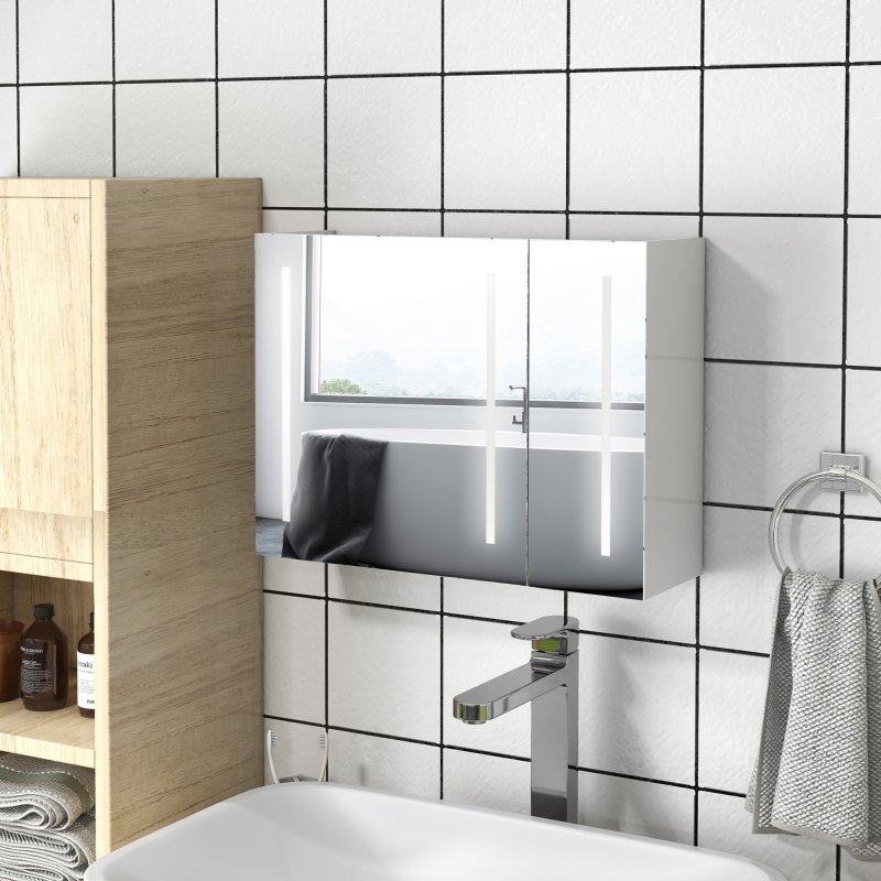 kleankin LED Lighted Bathroom Mirror Cabinet, Wall Mounted Bathroom Storage Cupboard with USB Charge, Adjustable Shelf, 90W x 15D x 70Hcm, High Gloss White