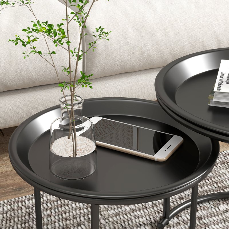 HOMCOM Nesting Tables Set of 2, Side End Table with Removable Tabletop Tray and Steel Frame for Living Room, Bedroom, Black
