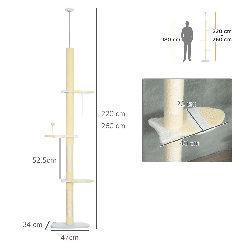 PawHut 260cm Floor to Ceiling Cat Tree, Height Adjustable Kitten Tower with Anti-slip Kit, Multi-Layer Activity Centre w/ Fish-shaped Perches Scratching Post Ball Toy - Yellow