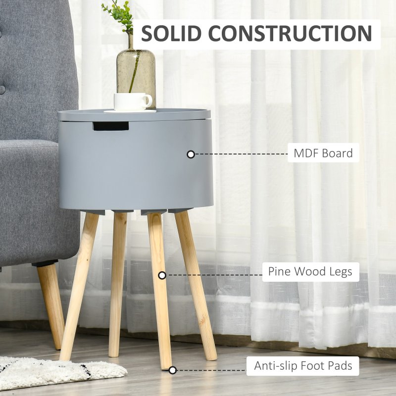 HOMCOM Modern Side Table with Hidden Storage Space, Round Night Stand with Removable Tray Wood Frame End Coffee Table for Living Room