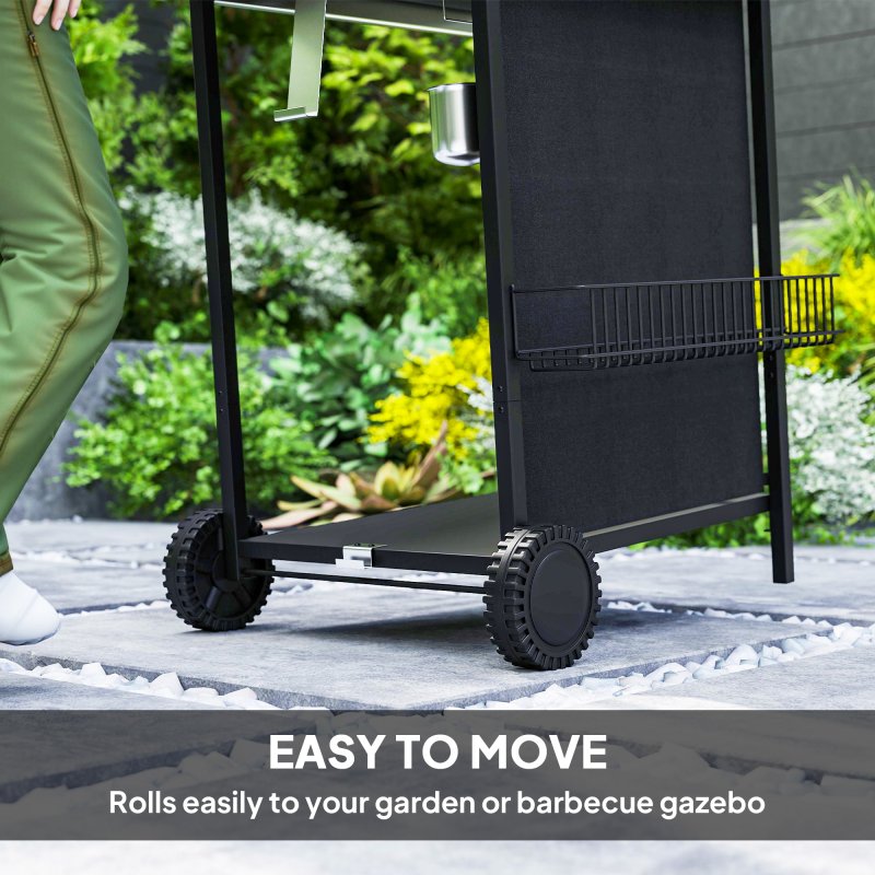 Outsunny 3+1 Burner Gas BBQ Grill with Built-in Thermometer, Lid, Portable Gas Barbecue Grill with Side Table, Shelf, Spice Rack, Wheels, Grease Cup for Garden Party Outdoor Cooking, Black