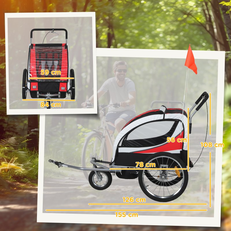 HOMCOM Child Bike Trailer, Baby Bicycle Trailer for 2 Kids with 5 Point Harness, Steel Frame, Reflectors, Safety Flag, Hitch Coupler, Red