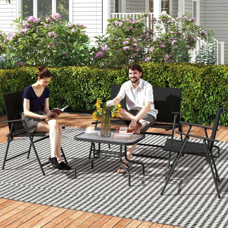 Outsunny Outdoor 4 Pieces Patio Furniture Set with Breathable Mesh Fabric Seat & Backrest, Garden Set with Two Foldable Armchairs, a Loveseat & Glass Top Table, Black