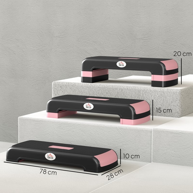 HOMCOM Aerobic Step, 10cm, 15cm & 20cm Height Adjustable Exercise Stepper for Exercise Workout, Nonslip Step Board Great for Home & Office, Black and Pink