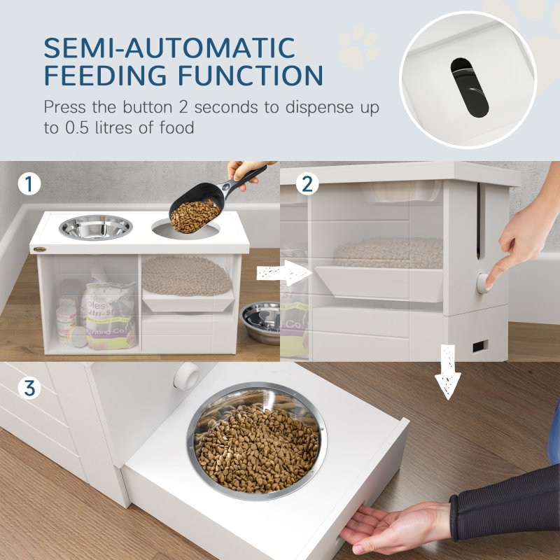 PawHut Raised Dog Bowls, Dog Feeding Station with Slow Feeder Mat, Storage Cabinet, 3 Stainless Steel Bowls, Semi-Auto Dispenser Function, for Large, Extra Large Breeds, White